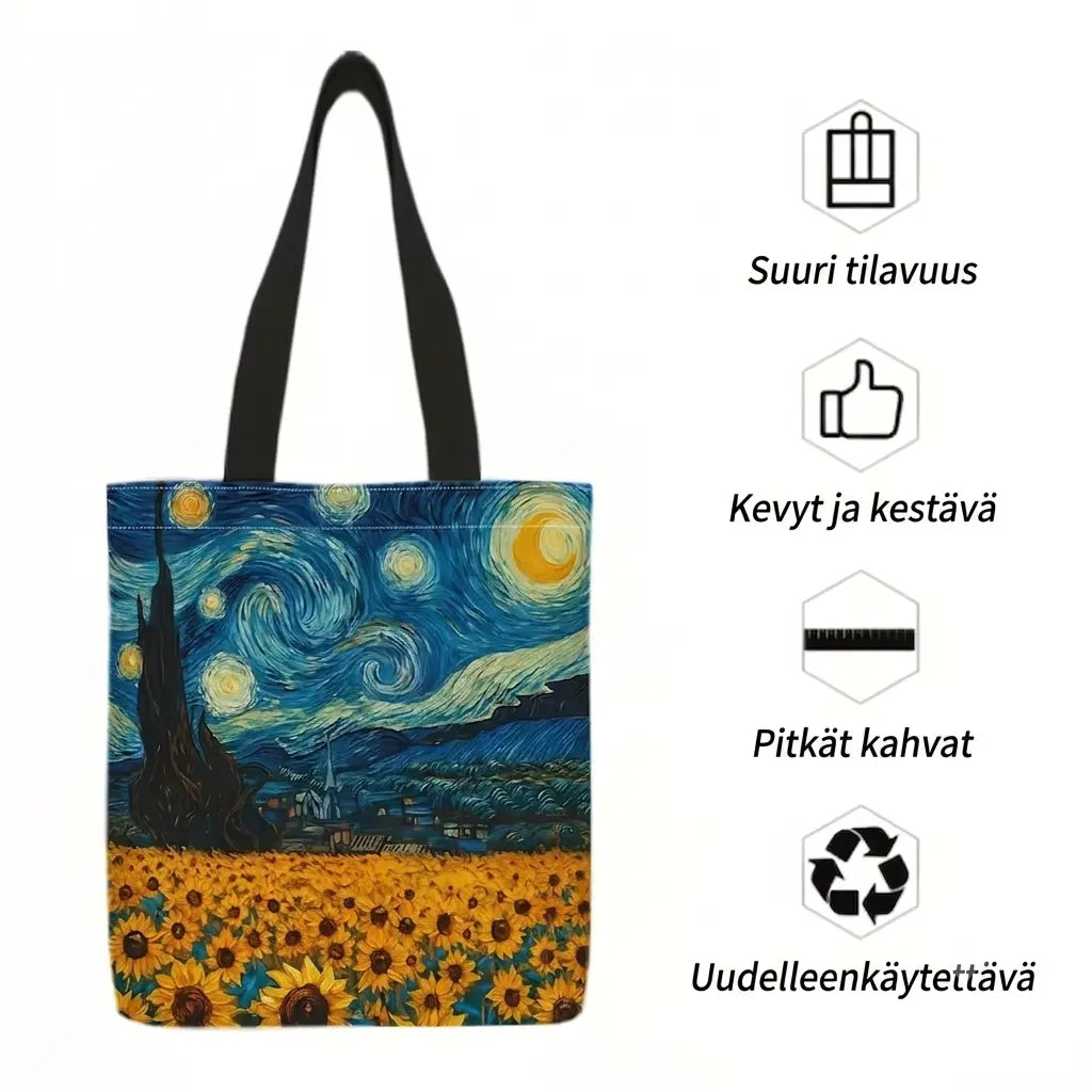 Sinikeltainen Van Gogh -kangaskassi, jossa yhdistyvät Tähtiyö-yötaivas ja auringonkukkapelto.