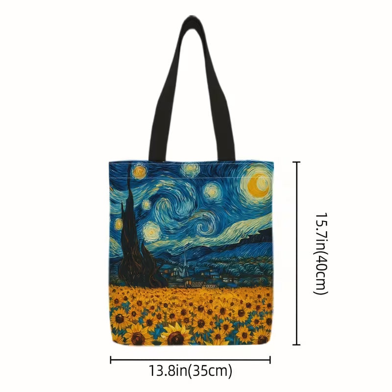 Sinikeltainen Van Gogh -kangaskassi, jossa yhdistyvät Tähtiyö-yötaivas ja auringonkukkapelto.