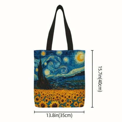 Sinikeltainen Van Gogh -kangaskassi, jossa yhdistyvät Tähtiyö-yötaivas ja auringonkukkapelto.