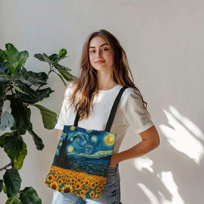 Sinikeltainen Van Gogh -kangaskassi, jossa yhdistyvät Tähtiyö-yötaivas ja auringonkukkapelto.