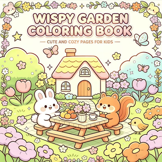 Tuotekuva Wispy Garden Coloring Book -kirjan kannesta, jossa valkoinen pupu ja orava pitävät piknikkiä pikku mökin edustalla kukkien keskellä.   