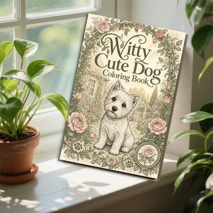 Tuotekuva Witty Cute Dog -värityskirjan kannesta, jossa pieni valkoinen terrieri istuu ruusuköynnösten ja kukkakaaren kehystämänä.   