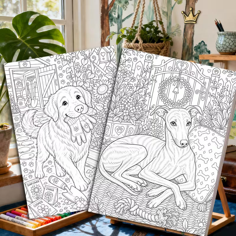Tuotekuva Witty Cute Dog -värityskirjan kannesta, jossa pieni valkoinen terrieri istuu ruusuköynnösten ja kukkakaaren kehystämänä.   
