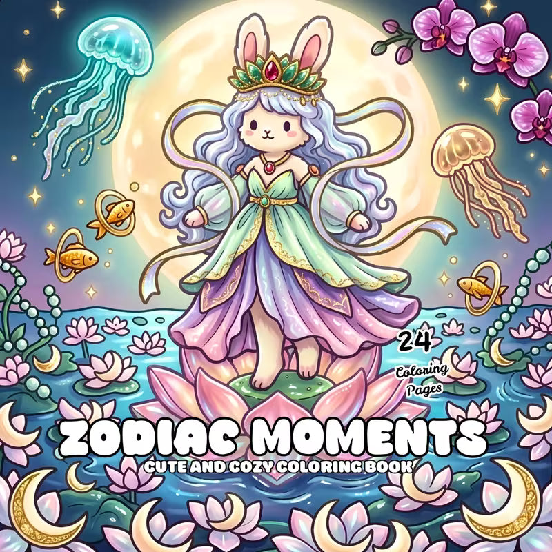 Tuotekuva Zodiac Moments -värityskirjan kannesta, jossa on kruunupäinen pupuhahmo kukkivan lumpeen päällä kuun ja merenelävien ympäröimänä.   