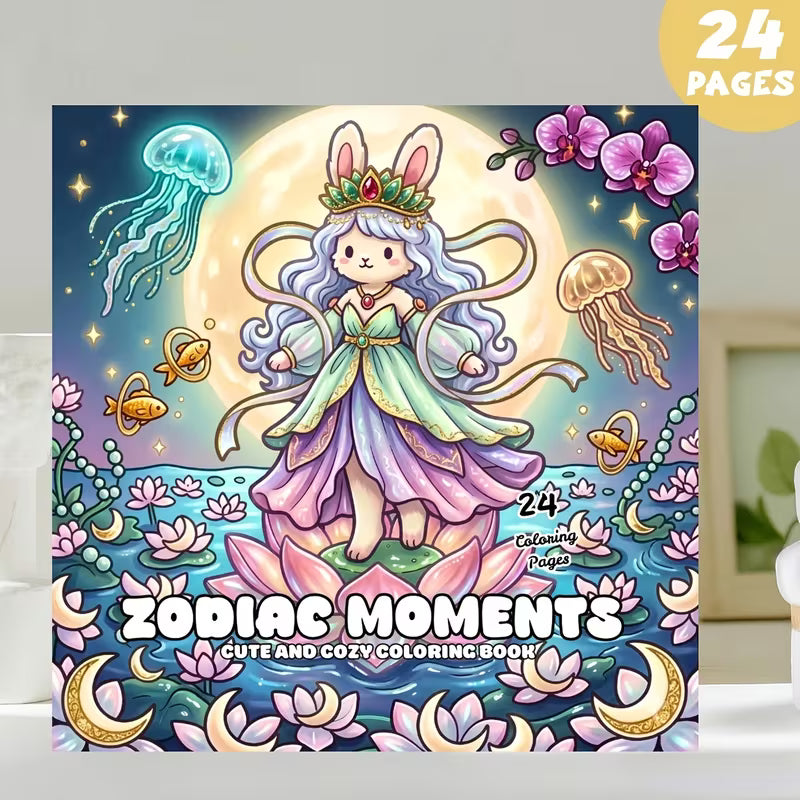 Tuotekuva Zodiac Moments -värityskirjan kannesta, jossa on kruunupäinen pupuhahmo kukkivan lumpeen päällä kuun ja merenelävien ympäröimänä.   