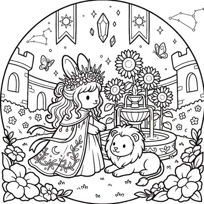 Tuotekuva Zodiac Moments -värityskirjan kannesta, jossa on kruunupäinen pupuhahmo kukkivan lumpeen päällä kuun ja merenelävien ympäröimänä.   