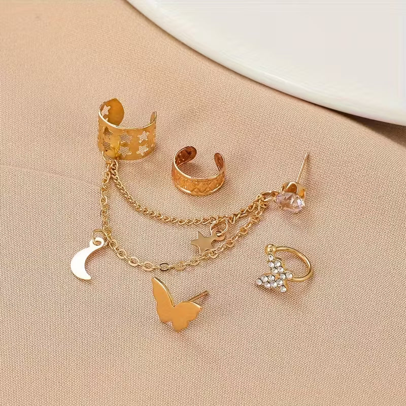 4 kpl vintage-tyylisiä lävistämättömiä korvakoruja, sinkkiseosta, jossa strassi-perhos- ja tähti-kuuketjudesign