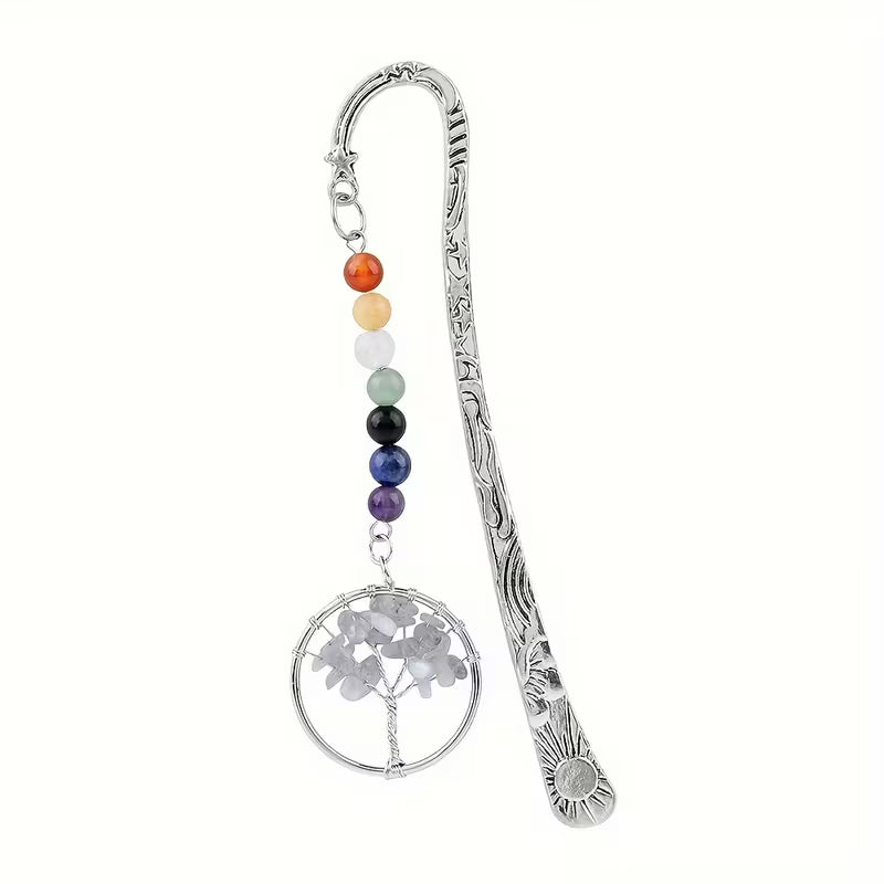 Käsintehdyt kirjanmerkit luonnonkivikristallilla, elämänpuu, aurinko ja tähdet