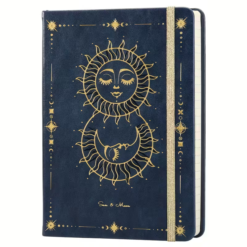 200-sivuinen A5 kovakantinen muistikirja - 80 GSM paksua paperia, viivoitettuja sivuja, aurinko- ja kuuaihe