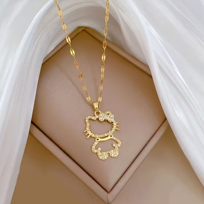 1kpl Hello Kitty -riipuskaulakoru - elegantti titaaniteräksinen lukkoketju kimaltelevilla kuutiollisilla zirkoniakruunuilla