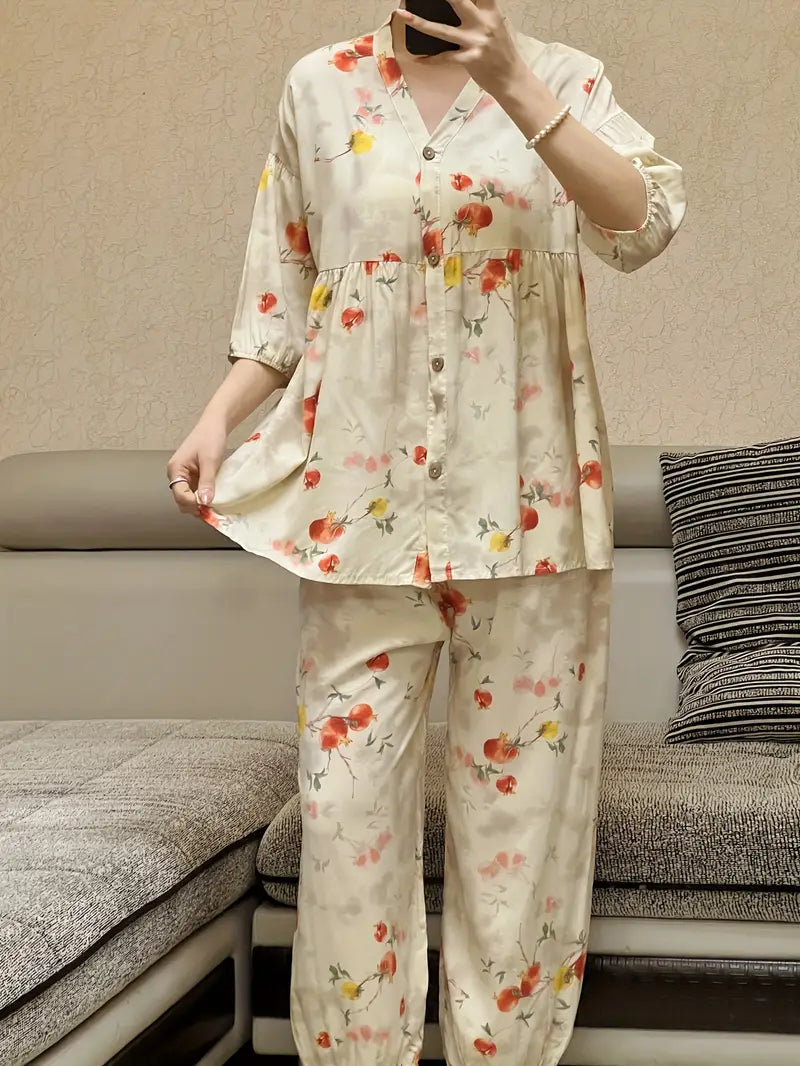 100 % puuvillaa Kuuma uusi kukkakuvioinen naisten yöpaitasetti