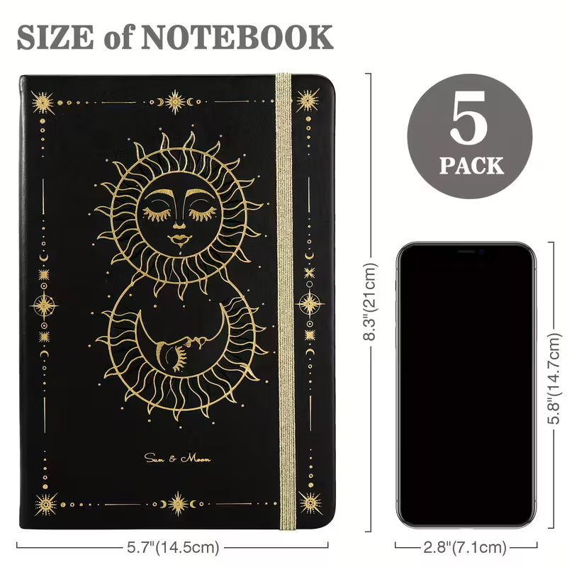 200-sivuinen A5 kovakantinen muistikirja - 80 GSM paksua paperia, viivoitettuja sivuja, aurinko- ja kuuaihe