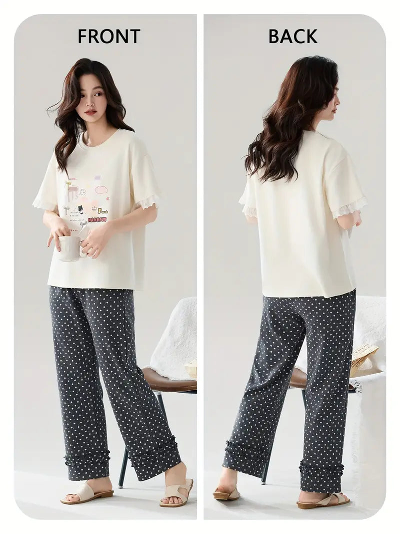 100 % puuvillaa Hengittävät kirjaillut lyhythihaiset pitkät pyjamat