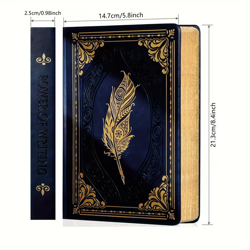 Syvänsininen vintage-tekonahkainen päiväkirja kullatuilla reunoilla, 320 sivua