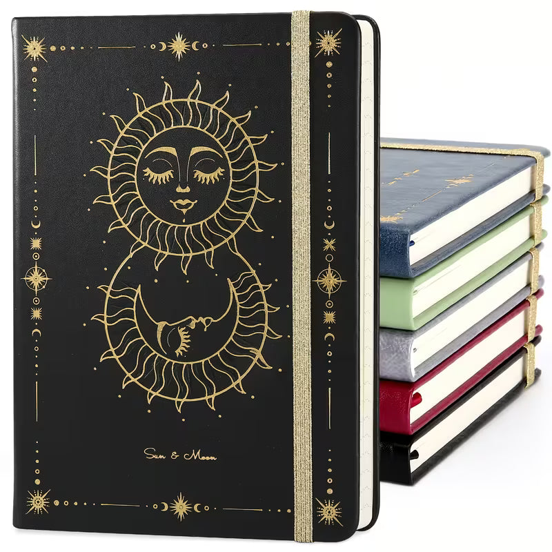 200-sivuinen A5 kovakantinen muistikirja - 80 GSM paksua paperia, viivoitettuja sivuja, aurinko- ja kuuaihe