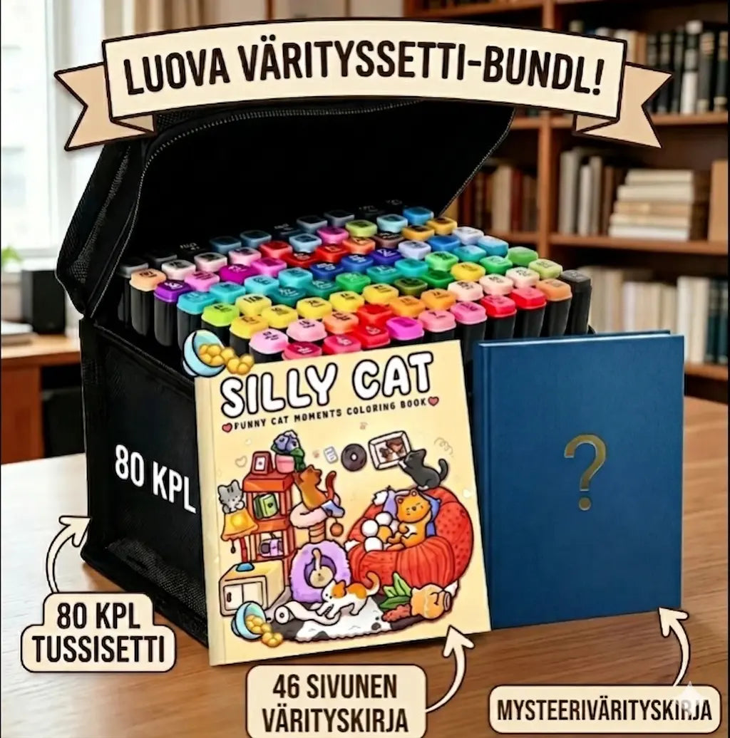 Lähikuva kädestä, joka värittää aikuisten värityskirjaa kaksipäisellä alkoholitussilla. Vieressä on 80 tussin setti ja toinen mysteerivärityskirja.