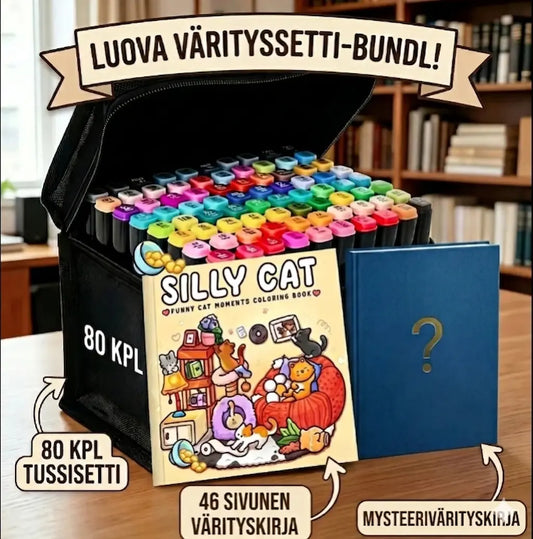 Lähikuva kädestä, joka värittää aikuisten värityskirjaa kaksipäisellä alkoholitussilla. Vieressä on 80 tussin setti ja toinen mysteerivärityskirja.