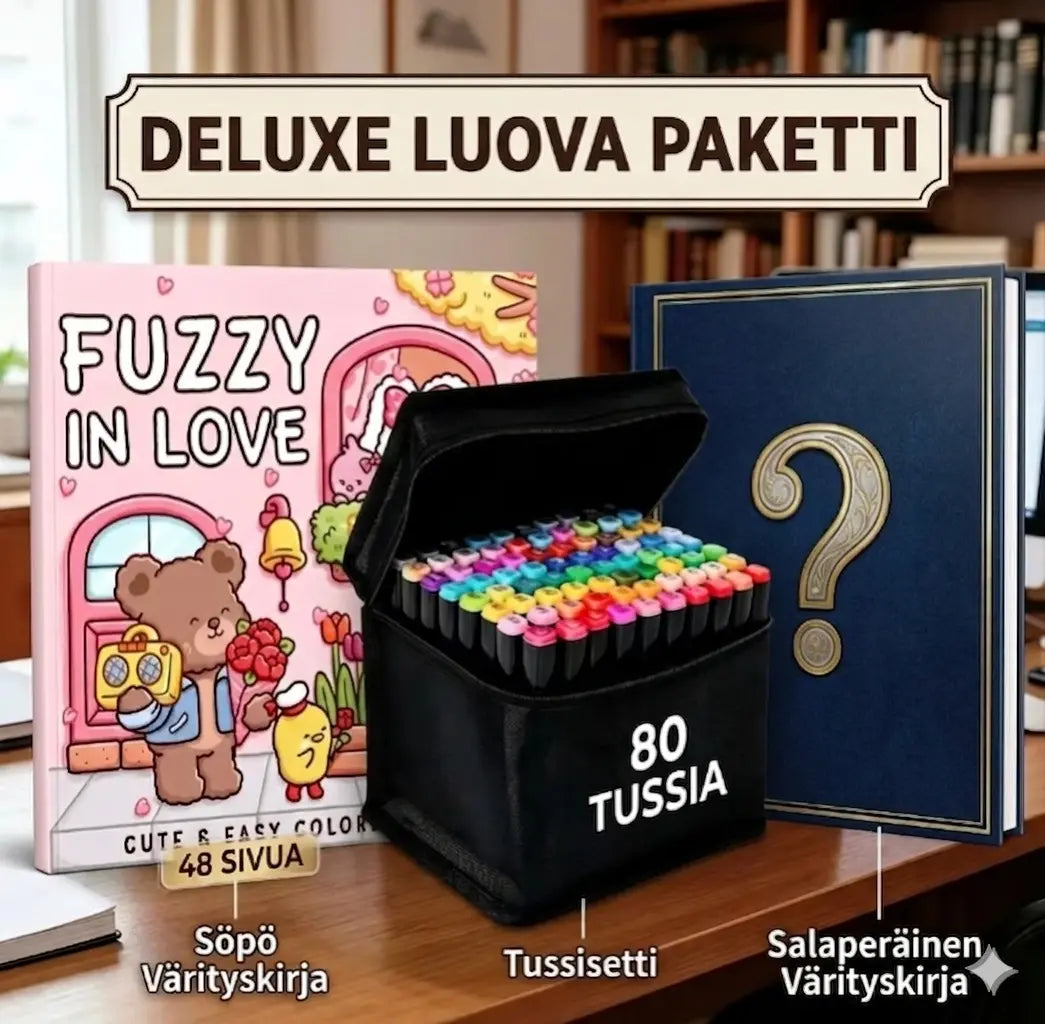 Lähikuva kädestä, joka värittää aikuisten värityskirjaa kaksipäisellä alkoholitussilla. Vieressä on 80 tussin setti ja toinen mysteerivärityskirja.