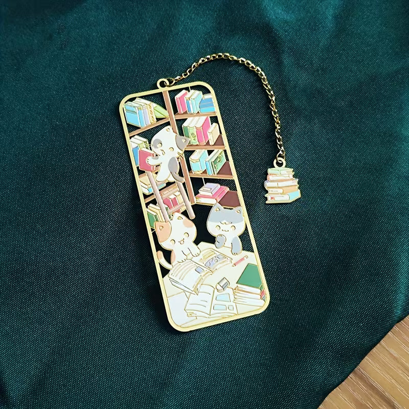 Söpöt metalliset kirjastokirjanmerkit - kestävää rautaa, eloisa kirja-aiheinen muotoilu kirjahyllyillä ja kirjoilla