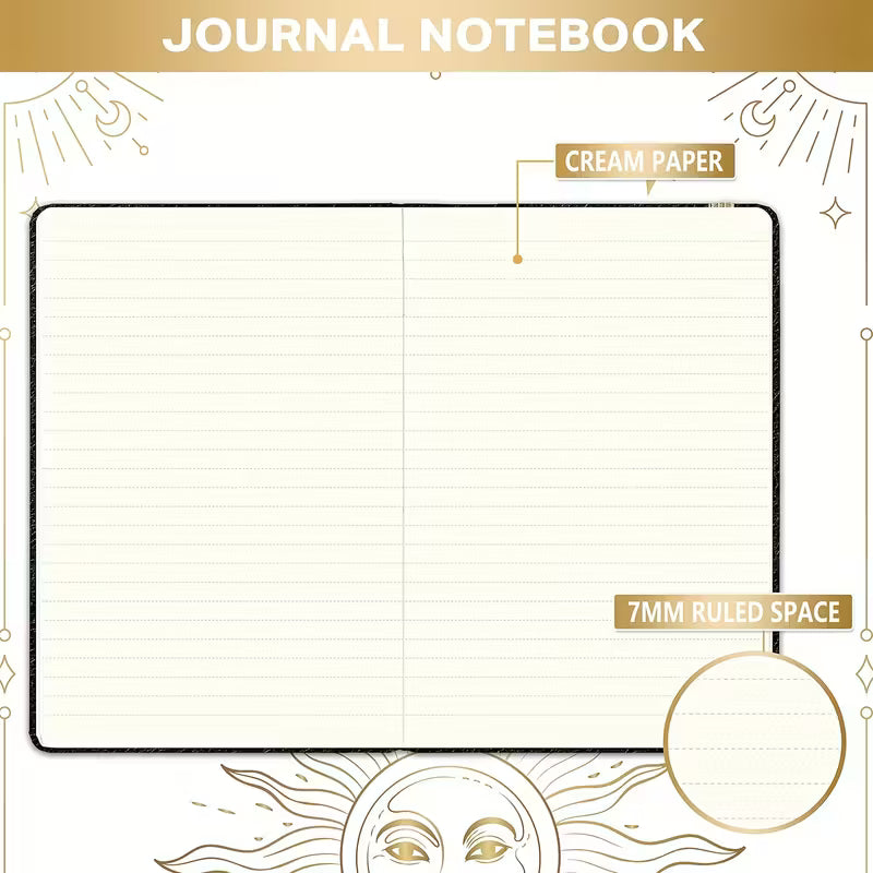 200-sivuinen A5 kovakantinen muistikirja - 80 GSM paksua paperia, viivoitettuja sivuja, aurinko- ja kuuaihe