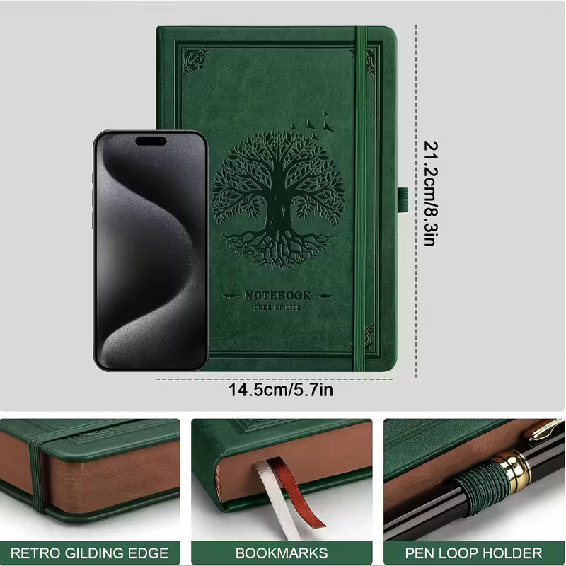 Vintage Tree of Life -keinonahkainen A5-päiväkirja - 320 viivoitettua sivua, elegantti kohokuvioitu kansi