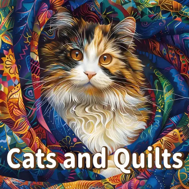 Cat and Quills -värityskirjan kansi, jossa kissa istuu kirjapinon päällä sulkakynä vieressään