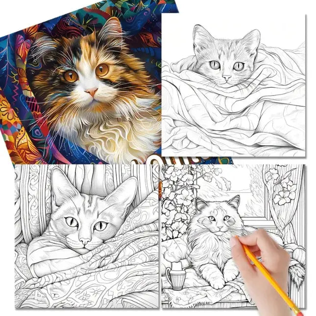 Cat and Quills -värityskirjan kansi, jossa kissa istuu kirjapinon päällä sulkakynä vieressään