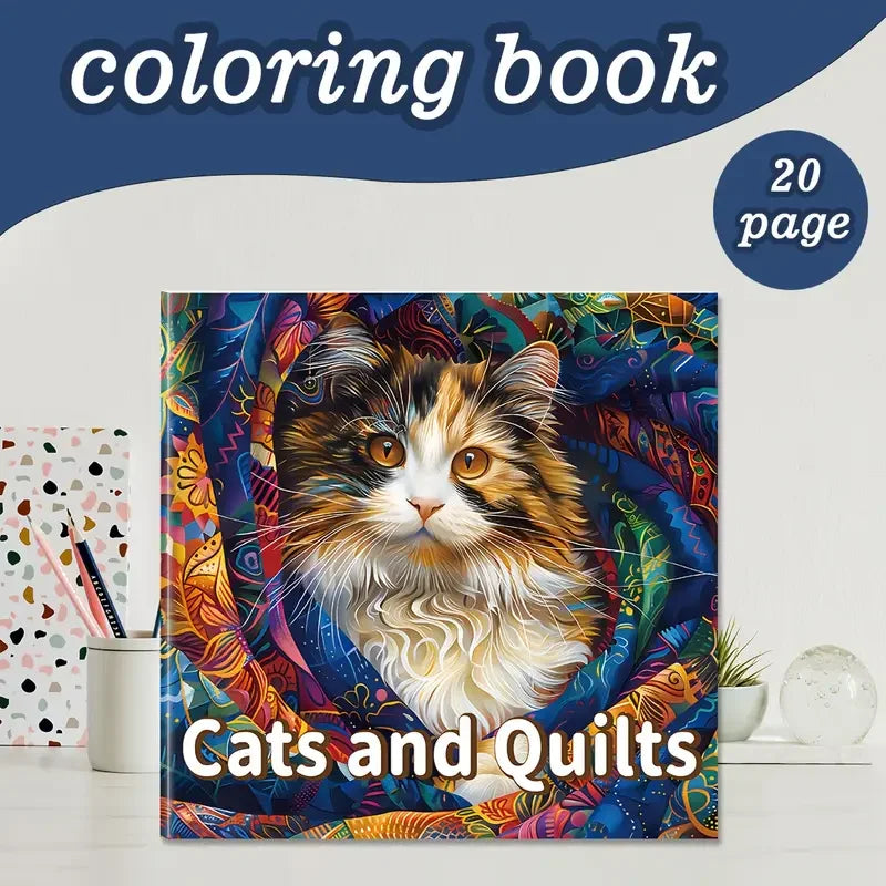 Cat and Quills -värityskirjan kansi, jossa kissa istuu kirjapinon päällä sulkakynä vieressään