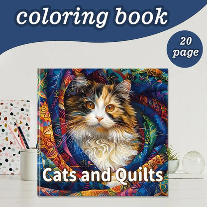 Cat and Quills -värityskirjan kansi, jossa kissa istuu kirjapinon päällä sulkakynä vieressään