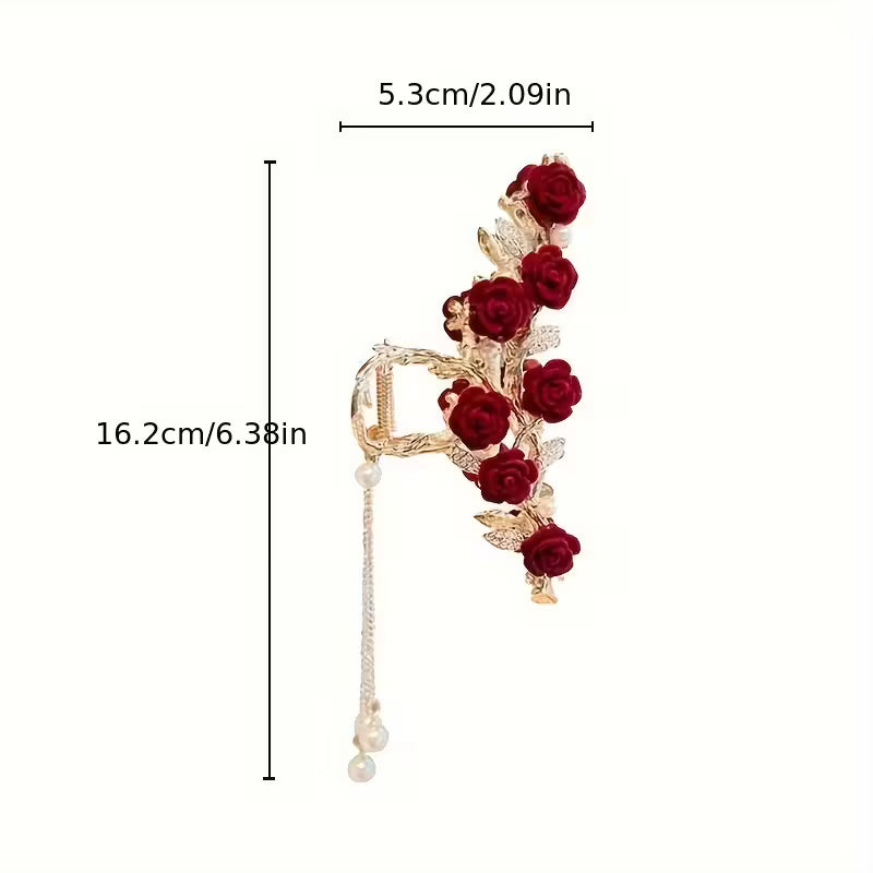 1 kpl elegantti vintage premium -tupsukoristeinen kynsiklipsi kiiltävillä strasseilla ja punaisella parveilevalla ruusudesignilla