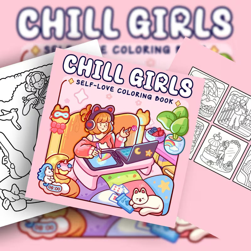 Lähikuva avatusta Chill Girls -värityskirjasta, jossa on tyylikäs kuva rentoutuvasta tytöstä ja sisustuselementeistä. Sivun vieressä on laadukkaita alkoholitusseja.
