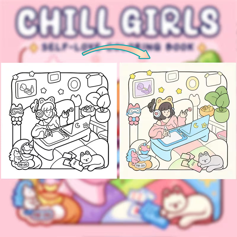Lähikuva avatusta Chill Girls -värityskirjasta, jossa on tyylikäs kuva rentoutuvasta tytöstä ja sisustuselementeistä. Sivun vieressä on laadukkaita alkoholitusseja.