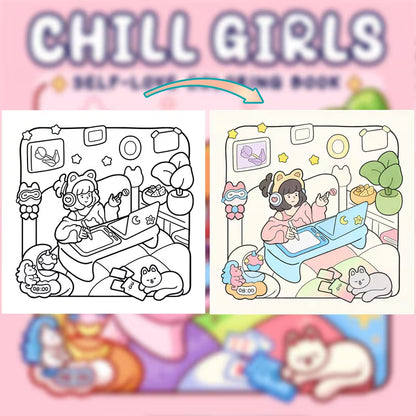 Lähikuva avatusta Chill Girls -värityskirjasta, jossa on tyylikäs kuva rentoutuvasta tytöstä ja sisustuselementeistä. Sivun vieressä on laadukkaita alkoholitusseja.