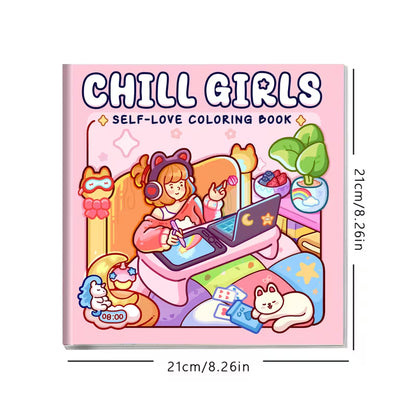 Lähikuva avatusta Chill Girls -värityskirjasta, jossa on tyylikäs kuva rentoutuvasta tytöstä ja sisustuselementeistä. Sivun vieressä on laadukkaita alkoholitusseja.
