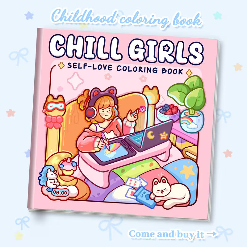 Lähikuva avatusta Chill Girls -värityskirjasta, jossa on tyylikäs kuva rentoutuvasta tytöstä ja sisustuselementeistä. Sivun vieressä on laadukkaita alkoholitusseja.