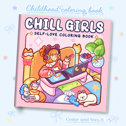 Lähikuva avatusta Chill Girls -värityskirjasta, jossa on tyylikäs kuva rentoutuvasta tytöstä ja sisustuselementeistä. Sivun vieressä on laadukkaita alkoholitusseja.