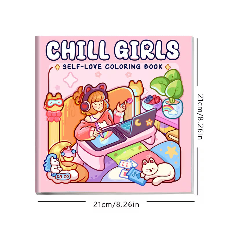 Lähikuva avatusta Chill Girls -värityskirjasta, jossa on tyylikäs kuva rentoutuvasta tytöstä ja sisustuselementeistä. Sivun vieressä on laadukkaita alkoholitusseja.