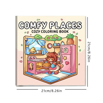 Avattu Comfy Places -värityskirja, jonka sivulla on kotoisa makuuhuone-aiheinen piirros. Sivun vieressä on muutama puuvärikynä ja lämmin teekuppi luomassa tunnelmaa.
