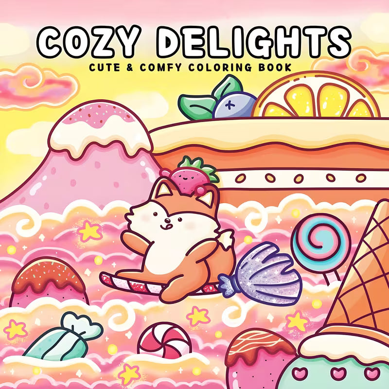 Cozy Delights -värityskirjan kansi, jossa on suloisia ja kodikkaita kuvituksia kodin askareista ja herkuista.