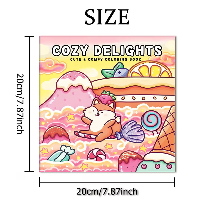 Cozy Delights -värityskirjan kansi, jossa on suloisia ja kodikkaita kuvituksia kodin askareista ja herkuista.