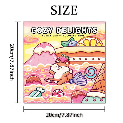 Cozy Delights -värityskirjan kansi, jossa on suloisia ja kodikkaita kuvituksia kodin askareista ja herkuista.
