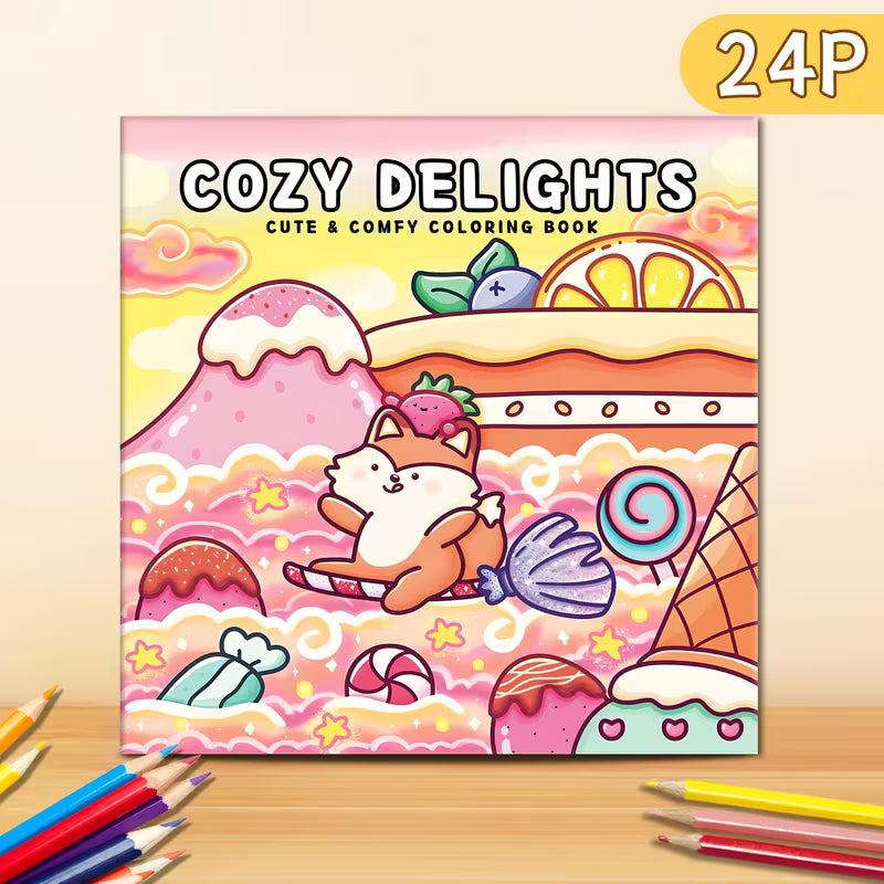 Cozy Delights -värityskirjan kansi, jossa on suloisia ja kodikkaita kuvituksia kodin askareista ja herkuista.