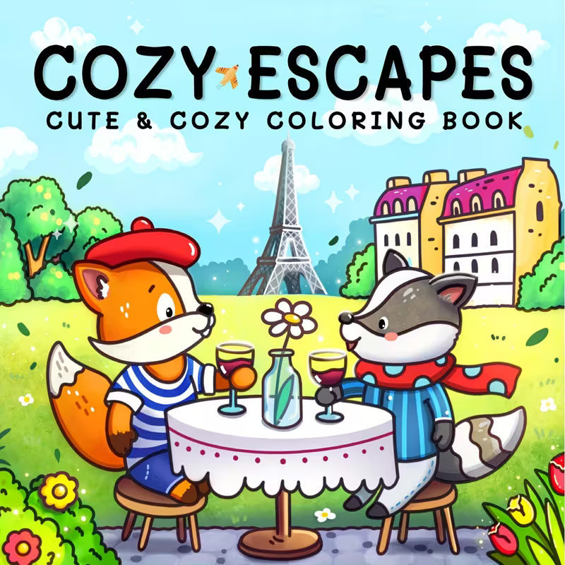 Cozy Escapes -värityskirjan kansi, jossa on kutsuva nojatuoli, kirjapino ja ikkunasta näkyvä rauhoittava maisema
