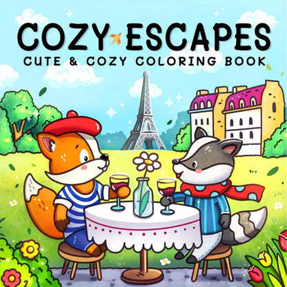 Cozy Escapes -värityskirjan kansi, jossa on kutsuva nojatuoli, kirjapino ja ikkunasta näkyvä rauhoittava maisema