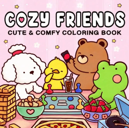 Lähikuva Cozy Friends -värityskirjan sivusta, jossa pörröinen kissa istuu teekupin äärellä. Kuva on väritetty pehmeillä pastellisävyillä ja paksut ääriviivat tekevät siitä selkeän.