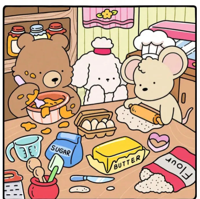 Lähikuva Cozy Friends -värityskirjan sivusta, jossa pörröinen kissa istuu teekupin äärellä. Kuva on väritetty pehmeillä pastellisävyillä ja paksut ääriviivat tekevät siitä selkeän.