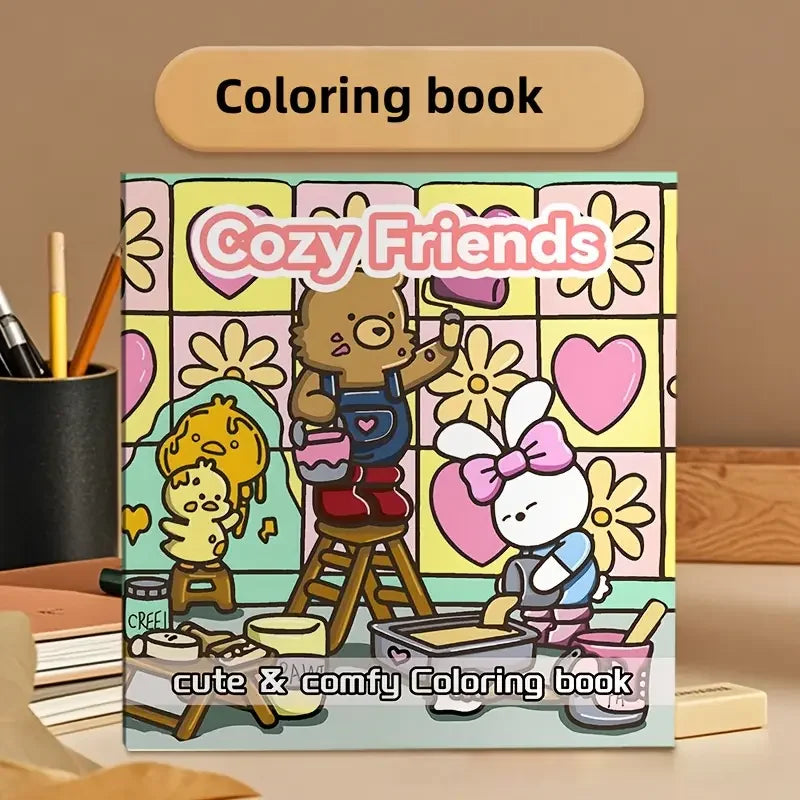 Cozy Friends -värityskirjan kansi, jossa on kaksi suloista eläinystävää teekuppien äärellä