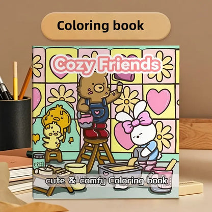 Cozy Friends -värityskirjan kansi, jossa on kaksi suloista eläinystävää teekuppien äärellä