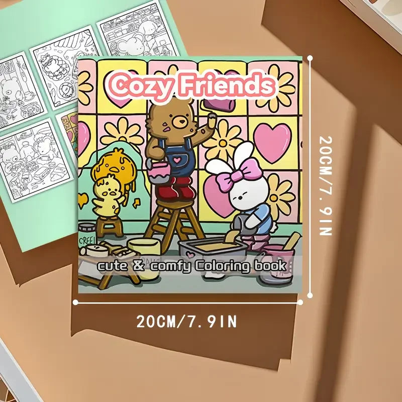 Cozy Friends -värityskirjan kansi, jossa on kaksi suloista eläinystävää teekuppien äärellä