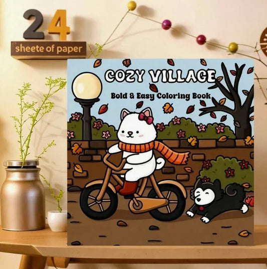 Cozy Village -värityskirjan kansi, jossa on piirrettyjä pikkutaloja, puita ja kodikas kylämaisema